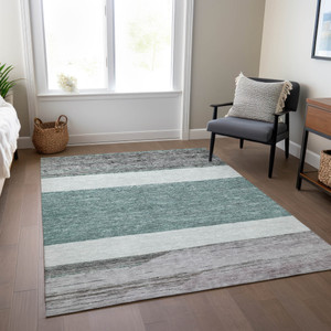 8' X 10' Teal Blue Off White And Gray Abstract Washable Indoor Outdoor Area Rug