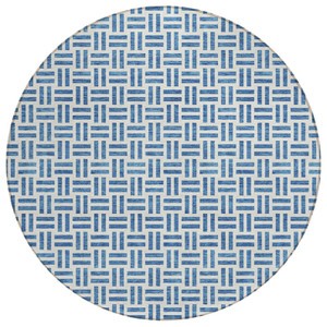 8' Denim Blue And Ivory Round Geometric Washable Indoor Outdoor Area Rug - 880016685459