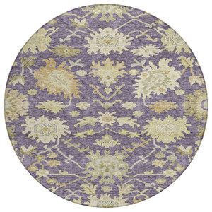 8' Eggplant Beige And Green Round Floral Washable Indoor Outdoor Area Rug