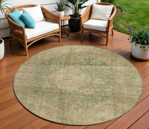 8' Artichoke Green And Beige Round Medallion Washable Indoor Outdoor Area Rug - Artichoke Green, Beige