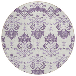 8' Purple Silver And Lilac Round Oriental Washable Indoor Outdoor Area Rug