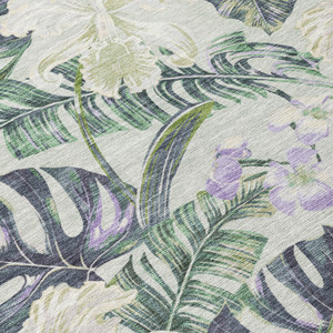 8' X 10' Artichoke Green Lavender And Ivory Botanical Leaves Washable Indoor Outdoor Area Rug