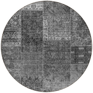 8' Gray Charcoal And Silver Round Patchwork Washable Indoor Outdoor Area Rug