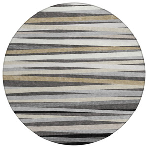 8' Gray Ivory And Beige Round Striped Washable Indoor Outdoor Area Rug