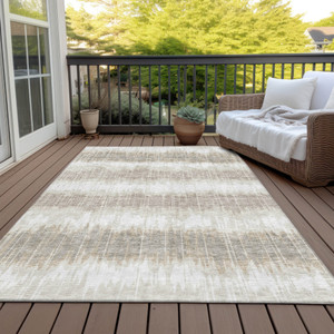 10' X 14' Ivory Beige And Taupe Striped Washable Indoor Outdoor Area Rug