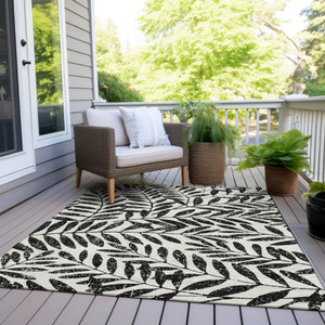 10' X 14' Black And Ivory Floral Washable Indoor Outdoor Area Rug - Black, Ivory