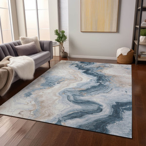 9' X 12' Beige And Navy Blue Abstract Washable Indoor Outdoor Area Rug