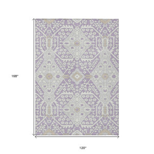 10' X 14' Lavender Gray And Beige Floral Washable Indoor Outdoor Area Rug