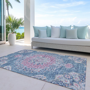 8' X 10' Blue Floral Medallion Washable Indoor Outdoor Area Rug