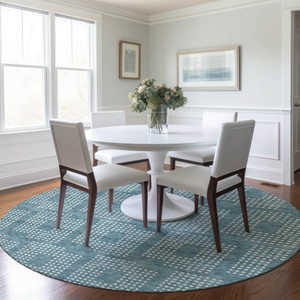 8' Teal Blue And Ivory Round Geometric Washable Indoor Outdoor Area Rug Transitional Style - Teal Blue, Ivory Color