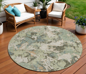 8' Beige Brown And Green Round Floral Washable Indoor Outdoor Area Rug