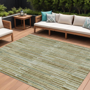9' X 12' Khaki And Olive Green Striped Washable Indoor Outdoor Area Rug