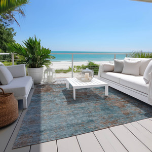 8' X 10' Teal Blue And Brown Abstract Washable Indoor Outdoor Area Rug