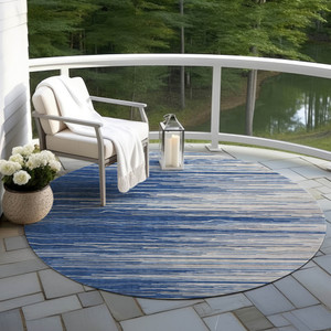 8' Navy Blue Gray And Ivory Round Striped Washable Indoor Outdoor Area Rug - 608219359287