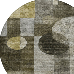 8' Taupe Gray And Charcoal Round Geometric Washable Indoor Outdoor Area Rug