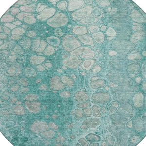 8' Aqua And Silver Round Abstract Washable Indoor Outdoor Area Rug