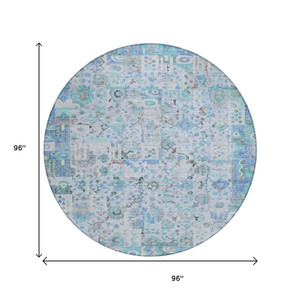 8' Blue And Silver Round Patchwork Washable Indoor Outdoor Area Rug