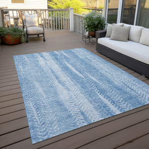 9' X 12' Sky Blue And Denim Blue Botanical Leaves Washable Indoor Outdoor Area Rug