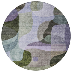 8' Olive Green Purple And Charcoal Round Abstract Washable Indoor Outdoor Area Rug