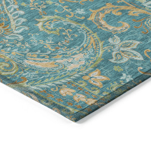 8' Round Teal Round Paisley Washable Non Skid Indoor Outdoor Area Rug