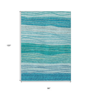 8' X 10' Sky Blue Teal Blue And Aqua Striped Washable Indoor Outdoor Area Rug