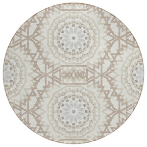 8' Ivory Beige And Silver Round Floral Medallion Washable Indoor Outdoor Area Rug