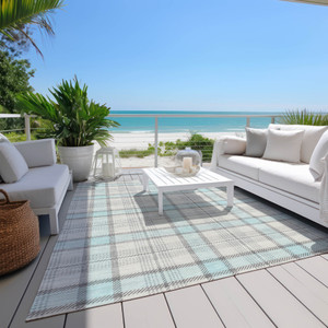 10' X 14' Sky Blue And Gray Plaid Washable Indoor Outdoor Area Rug - 608219020088