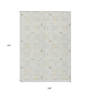 9' X 12' Ivory Gray And Gold Floral Washable Indoor Outdoor Area Rug - Ivory, Gray, Gold