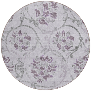 8' Lavender Purple And Gray Round Floral Washable Indoor Outdoor Area Rug
