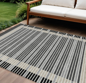 8' X 10' Black And Beige Striped Washable Indoor Outdoor Area Rug