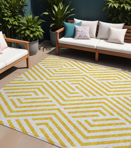 8' X 10' Gold and White Geometric Washable Non Skid Indoor Outdoor Area Rug