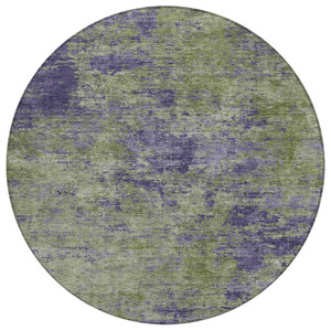 8' Olive Green And Dark Purple Round Abstract Washable Indoor Outdoor Area Rug