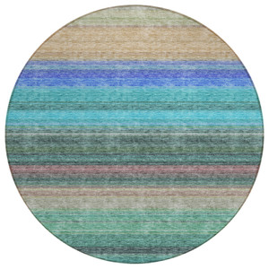 8' Sage Teal Blue And Tan Round Striped Washable Indoor Outdoor Area Rug