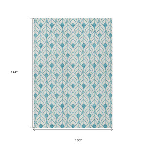 9' X 12' Teal Blue And Ivory Geometric Washable Indoor Outdoor Area Rug - 608219009328