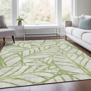 10' X 14' Artichoke Green And Beige Floral Washable Indoor Outdoor Area Rug