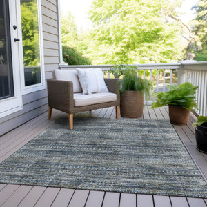 8' X 10' Denim Blue And Ivory Striped Washable Indoor Outdoor Area Rug - Denim Blue, Ivory