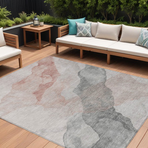 9' X 12' Salmon And Gray Abstract Washable Indoor Outdoor Area Rug - Salmon, Gray