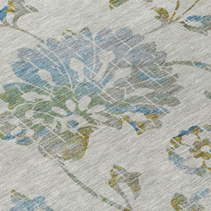 8' Taupe Navy Blue And Denim Blue Round Floral Washable Indoor Outdoor Area Rug