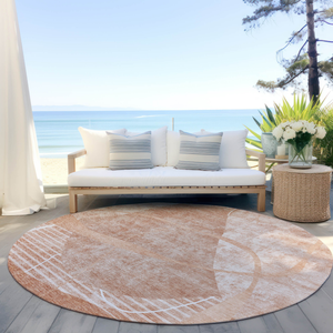 8' Salmon Copper And Ivory Round Abstract Washable Indoor Outdoor Area Rug