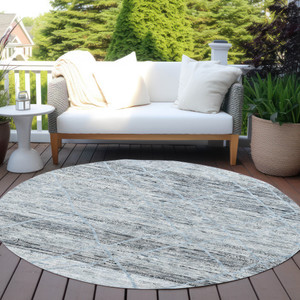 8' Blue And Gray Round Trellis Washable Indoor Outdoor Area Rug