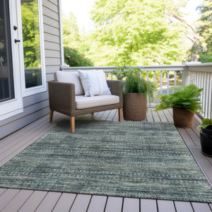 9' X 12' Teal Blue And Ivory Striped Washable Indoor Outdoor Area Rug - Teal Blue, Ivory