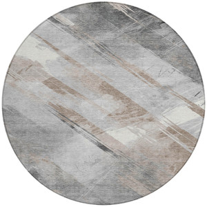 8' Taupe And Gray Round Striped Washable Indoor Outdoor Area Rug