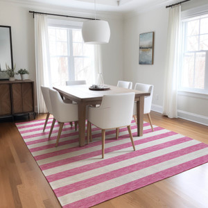 8' X 10' Pink and White Striped Washable Non Skid Indoor Outdoor Area Rug