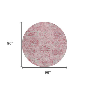 8' Pink And Gray Round Damask Washable Indoor Outdoor Area Rug
