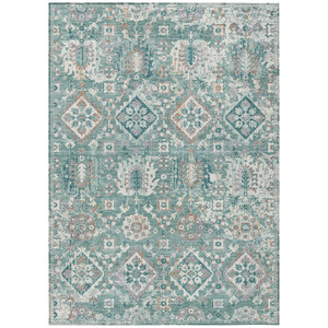 9' X 12' Pale Aqua And Copper Floral Medallion Washable Indoor Outdoor Area Rug