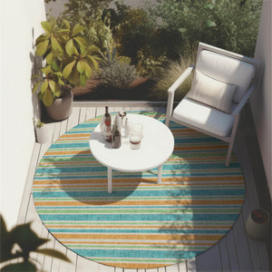 8' X 8' Teal Yellow and Green Round Striped Washable Non Skid Indoor Outdoor Area Rug