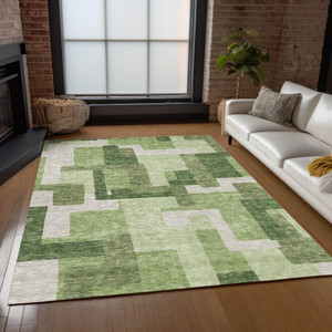 8' X 10' Artichoke Green And Ivory Abstract Washable Indoor Outdoor Area Rug - 608219090067