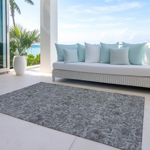9' X 12' Gray Charcoal And Silver Floral Washable Indoor Outdoor Area Rug Transitional Style - Gray, Charcoal, Silver Color