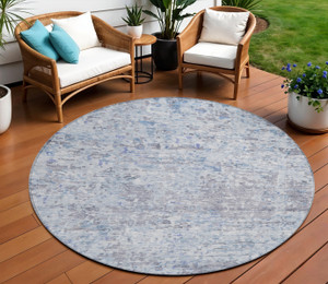 8' Sky Blue Charcoal And Ivory Round Abstract Washable Indoor Outdoor Area Rug