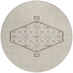 8' Beige Brown And Ivory Round Oriental Washable Indoor Outdoor Area Rug